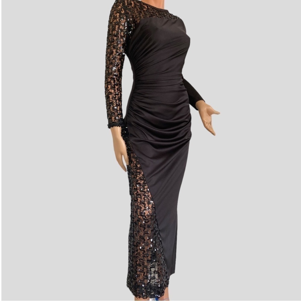 Funky Women’s 7 Dress Maxi Ruched High Slit Mesh Insert Sequined Long Sleeve Y2K